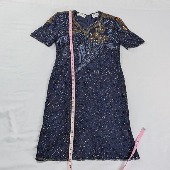 VTG Navy Blue Gold Silk Beaded Short Sleeve V Neck Formal Midi Dress - Picture 6 of 10